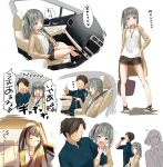  1boy 1girl anchor_symbol arm_hug bag black_hair blush car_interior casual commentary_request faceless faceless_male grey_hair hair_ribbon hand_on_hip handbag highres jewelry kantai_collection kasumi_(kantai_collection) light_brown_eyes long_hair multiple_views negahami open_mouth pendant ribbon sandals seatbelt shorts side_ponytail sitting sleeping translation_request wavy_mouth white_background 