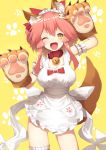  1girl animal_ears apron bell bell_collar blush breasts cleavage collar fangs fate/grand_order fate_(series) fox_ears fox_tail hair_ribbon highres large_breasts long_hair looking_at_viewer naked_apron one_eye_closed paws pink_hair ribbon sh_(562835932) solo tail tamamo_(fate)_(all) tamamo_cat_(fate) thighs yellow_eyes 