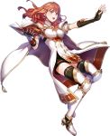  1girl arm_guards armor armored_boots bangs black_legwear book boots breastplate cape celica_(fire_emblem) detached_collar dress earrings eyebrows_visible_through_hair fingerless_gloves fire_emblem fire_emblem_echoes:_mou_hitori_no_eiyuuou fire_emblem_heroes full_body furikawa_arika gloves hair_ornament hairband highres holding jewelry long_hair open_mouth puffy_sleeves red_eyes redhead short_sleeves solo thigh-highs tiara transparent_background zettai_ryouiki 