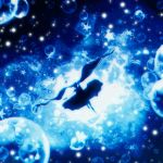  1girl blue blurry bubble dress falling from_behind harada_miyuki hatsune_miku highres leg_up light_particles long_hair monochrome outstretched_arm shinkai_shoujo_(vocaloid) silhouette sinking solo star twintails underwater very_long_hair vocaloid 