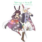  1boy 1girl alternate_costume animal_ears boots breasts cape cleavage easter_egg egg fire_emblem fire_emblem:_kakusei fire_emblem_heroes highres hood magic_circle male_my_unit_(fire_emblem:_kakusei) my_unit_(fire_emblem:_kakusei) owlking pantyhose rabbit_ears silver_hair smile sword tharja weapon 