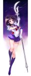  1girl bishoujo_senshi_sailor_moon black_hair boots bow character_name circlet cross-laced_footwear elbow_gloves full_body gloves highres knee_boots lace-up_boots looking_at_viewer pleated_skirt polearm purple purple_boots purple_choker purple_sailor_collar purple_skirt red_bow sailor_saturn seoji short_hair silence_glaive skirt smile solo spear star_choker tiara tomoe_hotaru twitter_username violet_eyes weapon white_gloves 