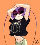  1girl alex_ahad antennae arms_up black_torch breasts casual crop_top crop_top_overhang fallout_(black_torch) large_breasts lips looking_to_the_side midriff puckered_lips purple_hair short_hair slender_waist solo sunglasses 
