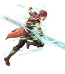  1boy armor boots cuboon fingerless_gloves fire_emblem fire_emblem_echoes:_mou_hitori_no_eiyuuou fire_emblem_heroes full_body gloves highres lukas_(fire_emblem) male_focus official_art open_mouth polearm red_eyes redhead solo spear teeth transparent_background weapon 