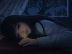  1girl black_hair brown_eyes curtains firefly glowing gohpot highres lips long_hair night original solo tree upper_body window 