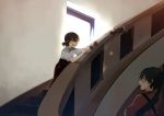  2017 2girls aircraft airplane annin_musou black_hair brown_eyes dated gloves hakama houshou_(kantai_collection) japanese_clothes kantai_collection kasuga_maru_(kantai_collection) kimono multiple_girls partly_fingerless_gloves ponytail red_hakama short_sleeves single_glove stairs surprised tasuki window yugake 