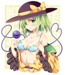  1girl :o black_hat blue_bra bow bra breasts cleavage collarbone green_eyes green_hair hat hat_bow heart heart-shaped_pupils highres komeiji_koishi looking_at_viewer maturiuta_sorato medium_breasts navel polka_dot polka_dot_bra profile shirt solo symbol-shaped_pupils third_eye touhou underwear undressing upper_body wide_sleeves yellow_bow yellow_shirt 