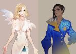  2017 2girls adapted_costume alternate_costume alternate_hairstyle arms_at_sides artist_name asymmetrical_clothes bangs bare_shoulders black_hair blonde_hair blue_coat blue_eyes breasts breasts_apart brown_eyes brown_lipstick closed_mouth coat collarbone dark_skin dated dress eye_of_horus eyebrows_visible_through_hair eyeliner eyeshadow facial_mark facial_tattoo hair_down hair_tubes hand_on_hip lips lipstick long_sleeves looking_at_another makeup mascara medium_breasts mercy_(overwatch) multiple_girls nose overwatch pharah_(overwatch) pink_lips psd short_hair side_braids signature single_wing tattoo upper_body white_dress wings 