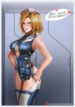  1girl alternate_costume badcompzero bare_shoulders blonde_hair blue_eyes breasts combat_medic_ziegler engrish hands_on_hips highleg highleg_leotard leotard medium_breasts mercy_(overwatch) overwatch parted_lips ranguage short_hair solo thigh-highs thighs white_legwear 