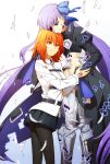  2girls ahoge black_legwear blue_eyes command_spell crying crying_with_eyes_open digital_dissolve fate/grand_order fate_(series) feathers fujimaru_ritsuka_(female) hair_ribbon long_coat meltlilith multiple_girls oiun orange_eyes orange_hair pantyhose purple_hair ribbon tears yuri 