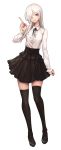  1girl :d arm_at_side black_legwear black_ribbon black_shoes black_skirt collared_shirt covered_eyes full_body grey_eyes grin hair_over_one_eye head_tilt highres long_hair long_sleeves meme_attire neck_ribbon oopartz_yang open_mouth original pointing pointing_up ribbon shirt shoes simple_background skirt smile solo teeth thigh-highs virgin_killer_outfit white_background white_hair white_shirt wing_collar zettai_ryouiki 