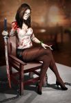  1girl blood bracelet breasts brown_hair chair cherry-gig cleavage gina_foley grey_eyes high_heels jewelry katana lips long_hair medium_breasts pantyhose resident_evil resident_evil_revelations_2 sitting smile solo sword weapon 