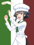  &gt;:d 1girl :d apron bangs black_skirt blush braid brown_eyes chef_hat commentary_request cowboy_shot double-breasted dough eyebrows_visible_through_hair flag_background flipped_hair food girls_und_panzer hair_tie hat highres italian_flag long_sleeves open_mouth pepperoni_(girls_und_panzer) ruka_(piyopiyopu) shirt short_hair single_braid skirt smile solo standing striped tossing vertical-striped_background vertical_stripes waist_apron white_apron white_hat white_shirt 
