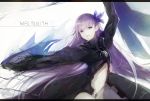  1girl armor black_coat character_name closed_mouth commentary_request crotch_plate eyebrows_visible_through_hair fate/extra fate/extra_ccc fate_(series) hair_ribbon highres long_hair long_sleeves looking_at_viewer marumoru meltlilith navel purple_hair revealing_clothes ribbon sleeves_past_wrists solo very_long_hair violet_eyes 