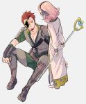  1boy 1girl back beard boots curly_hair dress eyepatch facial_hair fire_emblem fire_emblem_echoes:_mou_hitori_no_eiyuuou grey_background hairband jenny_(fire_emblem) pink_hair redhead savor simple_background sitting staff 