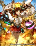  1girl bag battle_maiden_touka brown_hair cardfight!!_vanguard company_name explosive fire green_eyes grenade i-la long_hair miniskirt official_art one_eye_closed skirt solo teeth twintails 