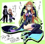  1boy 1girl black_hair cosplay glasses high_heels hiokirasu idolmaster idolmaster_cinderella_girls idolmaster_cinderella_girls_starlight_stage kurusu_akira long_hair looking_at_viewer mask orange_hair persona persona_5 sakura_futaba short_hair shorts smile thigh-highs trait_connection yagami_makino yagami_makino_(cosplay) 