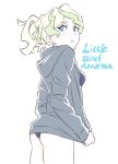  1girl alternate_hairstyle ass blonde_hair blue_eyes blush clothes_pull copyright_name diana_cavendish earrings highres hood hoodie jewelry kengo little_witch_academia looking_back ponytail solo swimsuit tied_hair 