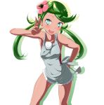  1girl :d apron aqua_eyes arm_up armpits bangs bare_shoulders breasts danpu dark_skin flower green_hair hair_flower hair_ornament hand_on_hip highres ladle leaning_forward looking_at_viewer mallow_(pokemon) medium_breasts open_mouth overalls pink_shirt pokemon pokemon_(game) pokemon_sm salute shiny shiny_skin shirt simple_background sleeveless sleeveless_shirt smile solo swept_bangs trial_captain twintails two-finger_salute white_background 