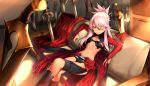  1girl ;p black_panties bridal_gauntlets cape chloe_von_einzbern command_spell couch dark_skin fate/kaleid_liner_prisma_illya fate/stay_night fate_(series) field_of_blades folded_ponytail foreshortening hair_between_eyes highres kanshou_&amp;_bakuya legs_crossed long_hair looking_at_viewer one_eye_closed panties parody pink_hair revealing_clothes rubellent sitting smile solo stomach sword tongue tongue_out too_many_weapons underwear weapon yellow_eyes 