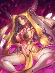  1girl armpits bare_shoulders black_hair blush breasts detached_sleeves erect_nipples fate/grand_order fate_(series) highres horns large_breasts legs loincloth long_hair looking_at_viewer melon22 parted_lips revealing_clothes sesshouin_kiara sideboob smile solo spread_legs thigh-highs thighs third_eye veil very_long_hair wavy_hair white_legwear wide_sleeves yellow_eyes 