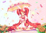  1girl :q animal_ears blush cake_hair_ornament candy cookie cure_whip extra_ears food food_themed_hair_ornament fruit full_body gloves hair_ornament kirakira_precure_a_la_mode long_hair looking_at_viewer magical_girl multiple_girls open_mouth pink_eyes pink_hair precure rabbit_ears sitting skirt smile solo strawberry tongue tongue_out twintails umbrella usami_ichika wand wara@ wariza white_gloves 