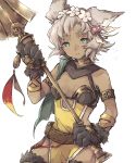  1girl animal_ears asuna_(doruru-mon) belt blue_eyes breasts cat_paws cleavage cowboy_shot dark_skin erun_(granblue_fantasy) feathers flower gloves granblue_fantasy grey_hair hair_feathers hair_flower hair_ornament highres holding holding_weapon melleau open_mouth paw_gloves paws pelvic_curtain polearm simple_background small_breasts solo sparkle spear weapon white_background white_flower 