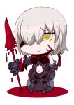 1girl armor armored_dress breasts chibi corruption dark_persona fate/grand_order fate_(series) gloves hair_over_one_eye looking_at_viewer navel_cutout ogawa_shou polearm riyo_(lyomsnpmp)_(style) shielder_(fate/grand_order) short_hair solo spear weapon white_hair yellow_eyes 