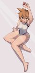  1girl :d arm_up armpits green_eyes gym_leader highres holding holding_poke_ball kasumi_(pokemon) lamb-oic029 light_rays one-piece_swimsuit open_mouth orange_hair poke_ball pokemon pokemon_(game) pokemon_hgss short_hair simple_background sitting smile solo swimsuit thighs 