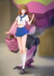  1girl alternate_costume arm_at_side bangs black_shoes blue_sailor_collar blue_skirt blurry blurry_background brown_eyes brown_hair collarbone d.va_(overwatch) eyebrows_visible_through_hair facepaint facial_mark full_body hairband hand_up kneehighs legs_together loafers long_hair looking_at_viewer mecha meka_(overwatch) midriff navel neckerchief overwatch parted_lips pink_hairband pleated_skirt school_uniform serafuku shirt shoes short_sleeves signature skirt smile solo standing stomach whisker_markings white_legwear white_shirt wizardcat 