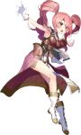  1girl armor armpits bangs blush book boots breastplate cape capelet eyebrows_visible_through_hair fire_emblem fire_emblem_echoes:_mou_hitori_no_eiyuuou fire_emblem_heroes full_body gloves highres holding long_hair mae_(fire_emblem) matsui_hiroaki official_art open_mouth overskirt pelvic_curtain pink_hair red_eyes solo tiara transparent_background twintails white_gloves 