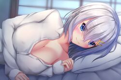  1girl bed_sheet blue_eyes blush breasts buttons collarbone hair_ornament hairclip hamakaze_(kantai_collection) kantai_collection large_breasts long_sleeves lying on_side pillow shirt short_hair silver_hair smile solo tapisuke white_shirt window 