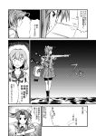  &gt;:| +_+ 2girls ahoge bandaid bandaid_on_face bangs bike_shorts broken buttons collared_shirt comic diagram directional_arrow emphasis_lines eyebrows_visible_through_hair gloves greyscale hair_ribbon highres horizon kagerou_(kantai_collection) kantai_collection looking_to_the_side machinery monochrome monsuu_(hoffman) multiple_girls neck_ribbon night oboro_(kantai_collection) ocean outline outstretched_arm pleated_skirt pointing ribbon school_uniform serafuku shirt shoes short_hair short_sleeves shorts_under_skirt skirt smoke socks speech_bubble standing standing_on_liquid sweatdrop thought_bubble torn_clothes torn_skirt torn_sleeves translation_request twintails vest waves white_outline 