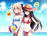  ! &gt;:d 2girls :d :o adapted_costume ahoge ball bangle bangs bare_arms bare_shoulders beachball bikini black_bow black_hair blonde_hair blue_bikini blue_ribbon blue_sky blush bow bracelet breasts brown_hat cleavage clouds collarbone commentary_request cowboy_shot day demon_archer fate/grand_order fate_(series) front-tie_bikini front-tie_top hair_between_eyes hair_bow hand_on_another&#039;s_shoulder hand_on_hip hat hat_ribbon holding holding_ball horizon index_finger_raised jewelry koha-ace long_hair looking_at_viewer medium_breasts midriff multiple_girls navel open_mouth outdoors piroya_(shabushabu) red_bikini red_eyes red_ribbon ribbon sakura_saber shaved_ice short_hair sketch sky smile sparkle spoken_exclamation_mark spoken_food standing strapless strapless_bikini straw_hat swimsuit water yellow_eyes 