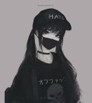  1girl absurdres aoi_ogata artist_name black black_hair black_hat black_shirt choker grey_background grey_skin hat highres long_hair looking_at_viewer mask original shirt simple_background skull_print smirk solo translation_request twintails upper_body violet_eyes 