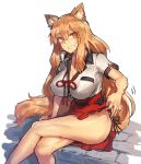  1girl animal_ears bare_legs blush breasts brown_eyes brown_hair cleavage fate/extra_ccc_fox_tail fate/grand_order fate_(series) fox_ears grin hair_between_eyes large_breasts lifted_by_self long_hair looking_at_viewer melon22 red_ribbon red_skirt ribbon saber_(fate/extra_ccc_fox_tail) short_sleeves skirt skirt_lift smile solo thighs very_long_hair 