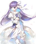  1girl bangs blue_eyes blush chokoan_(tyokoa4649) coat eyebrows_visible_through_hair fate/extra fate/extra_ccc fate/grand_order fate_(series) hair_ribbon juliet_sleeves long_hair long_sleeves looking_away meltlilith puffy_sleeves purple_hair ribbon simple_background solo white_background white_coat 
