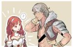  1boy 1girl ? abs atlas_(fire_emblem) bare_shoulders blush breastplate breasts brown_background cape celica_(fire_emblem) cleavage fire_emblem fire_emblem_echoes:_mou_hitori_no_eiyuuou fur_trim grey_hair hairband jewelry necklace open_mouth red_eyes redhead shirtless simple_background toned toned_male upper_body 