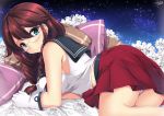  1girl ass auburn_hair bespectacled blue_eyes blush braid breasts commentary glasses gloves hair_between_eyes kantai_collection large_breasts long_hair looking_at_viewer looking_back lying midriff noshiro_(kantai_collection) on_bed panties pantyshot pantyshot_(lying) pleated_skirt red_skirt sailor_collar sheita skirt smile solo tank_top twin_braids underwear white_gloves white_panties 