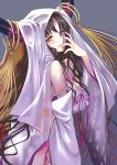  1girl bare_shoulders black_hair breasts detached_sleeves facial_mark fate/extra fate/extra_ccc fate_(series) forehead_mark horns koin_(foxmark) large_breasts long_hair looking_at_viewer sesshouin_kiara veil very_long_hair yellow_eyes 