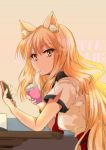  1girl animal_ears bangs breasts cellphone drinking_straw fate/extra_ccc_fox_tail fate/grand_order fate_(series) fox_ears from_side grimjin highres long_hair looking_at_viewer looking_to_the_side medium_breasts orange_hair phone saber_(fate/extra_ccc_fox_tail) school_uniform shirt short_sleeves smartphone soda solo upper_body very_long_hair white_shirt yellow_eyes 