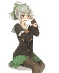  1girl :d armband bangs bespectacled black_legwear blush cardigan chibirisu commentary_request glasses green_hair kantai_collection open_mouth pantyhose pencil ponytail red-framed_eyewear school_uniform semi-rimless_glasses short_hair sitting skirt smile solo twitter_username under-rim_glasses white_background yuubari_(kantai_collection) 