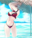  1girl arm_strap arms_up bangs bikini blue_sky blunt_bangs breasts carmilla_(fate/grand_order) cleavage clouds cloudy_sky day eyebrows_visible_through_hair fate/grand_order fate_(series) hands_in_hair large_breasts long_hair looking_at_viewer navel nekoperon ocean outdoors ponytail red_bikini silver_hair sky solo standing summertime_mistress_(fate/grand_order) swimsuit thighs wading wavy_hair yellow_eyes 