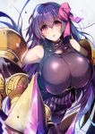 1girl bare_shoulders breasts cleavage fate/extra fate/extra_ccc fate_(series) hair_ribbon hirai_yuzuki huge_breasts long_hair looking_at_viewer passion_lip pink_eyes purple_hair ribbon very_long_hair violet_eyes 