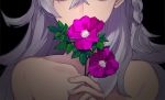  1girl bare_shoulders black_background braid close-up collarbone covered_mouth fate/grand_order fate_(series) flower head_out_of_frame hita_(hitapita) holding holding_flower long_hair nude olga_marie pink_flower portrait silver_hair simple_background solo 