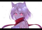  1girl animal_ears cat_ears closed_mouth eyebrows_visible_through_hair glowing glowing_eyes hand_up kyoo-kyon_(kyo-kyon) letterboxed looking_at_viewer original red_eyes silver_hair simple_background solo suzunari_arare upper_body white_background 