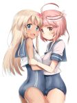  2girls :d ahoge blonde_hair blue_eyes flower from_side hair_flower hair_ornament haru_(renol) highres i-58_(kantai_collection) kantai_collection long_hair looking_at_viewer multiple_girls open_mouth pink_eyes pink_hair ro-500_(kantai_collection) short_hair smile swimsuit tan 