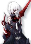  1girl armor armored_dress breasts corruption dark_persona fate/grand_order fate_(series) gloves hair_over_one_eye highres looking_at_viewer navel_cutout ogawa_shou polearm shielder_(fate/grand_order) short_hair solo spear weapon white_hair yellow_eyes 