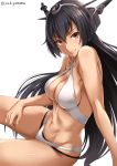  1girl abs arm_support artist_name bikini black_hair breasts cleavage criss-cross_halter hair_between_eyes halter_top halterneck headgear kantai_collection kantai_collection_(anime) large_breasts layered_bikini long_hair looking_at_viewer nagato_(kantai_collection) navel red_eyes sakiyamama simple_background sitting smile solo swimsuit twitter_username white_background 