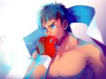  1boy blue_eyes blue_hair boxer boxing_gloves commentary hajime_no_ippo kyosuke makunouchi_ippo male_focus solo sweat topless 